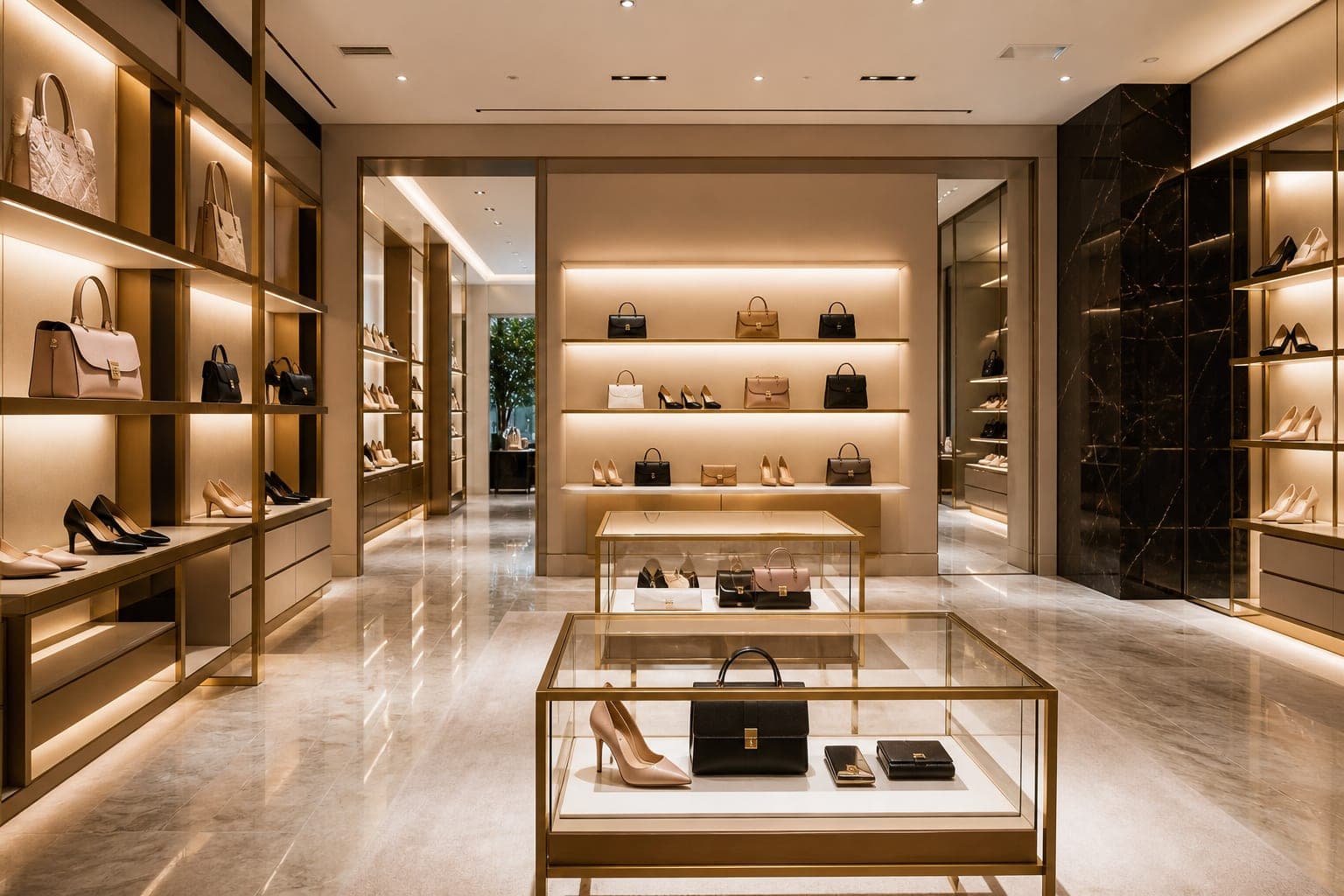 Retail boutique interior with handbags and shoes on display