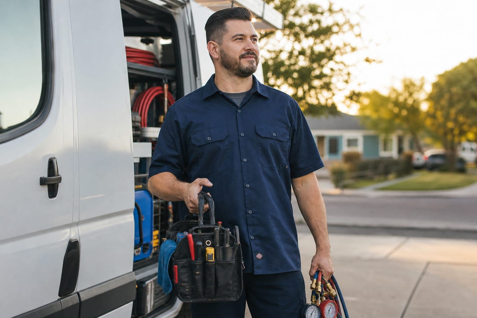 HVAC technician beside a service van with tools